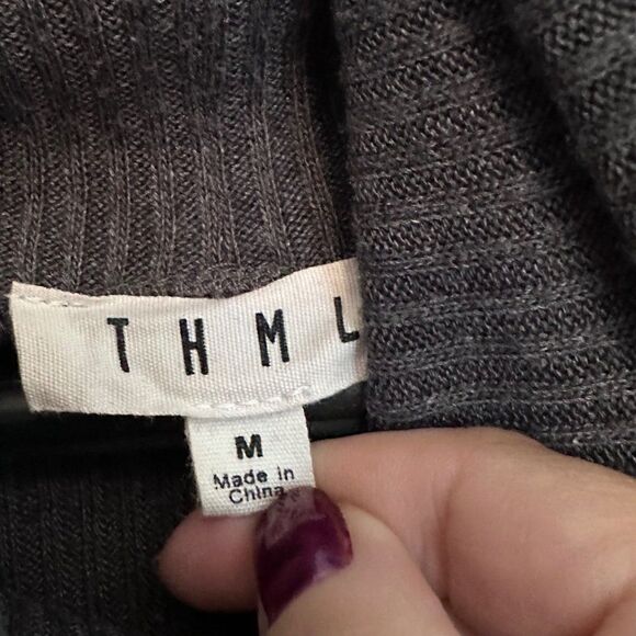 THML Oversized Boxy Thermal Turtleneck Top Womens Medium Elbow Patches Grey - Picture 3 of 5